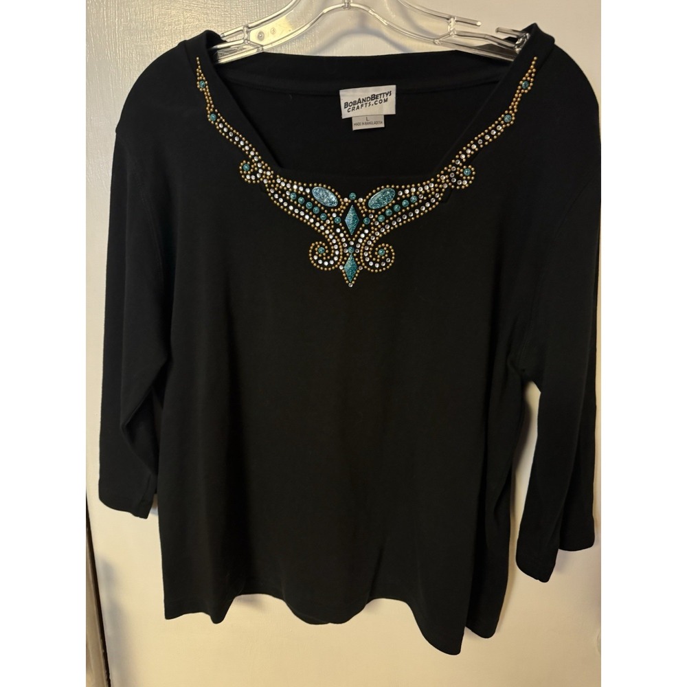 Bob And Betty's Craft Women's Rhinestone‎ And Turquoise Embellished Black Knit
